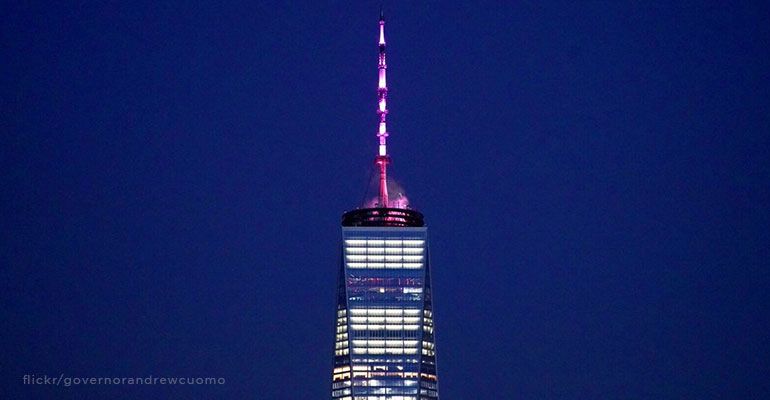 Pink lit spire of New York's One World Trade Center, 408 foot celebration of the just passed He
